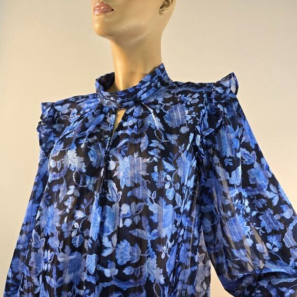 French Connection Cynthia Fauna Midnight Blue Blouse Womens Sz 8 Floral LS - Picture 3 of 12